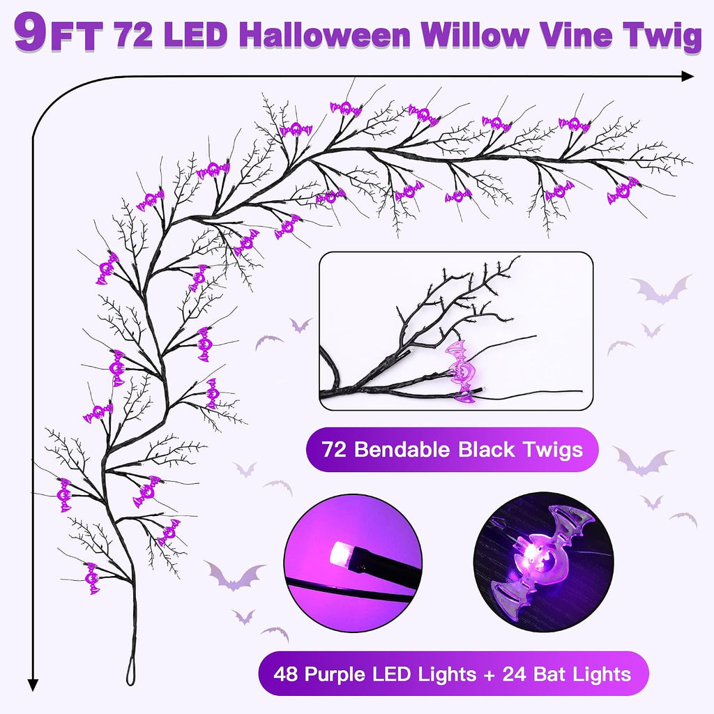 9FT 72 LED Willow Vine Twig Decor Black Halloween Garland with Bat & Purple LED Lights, 8 Modes Battery Operated Halloween Decorations Indoor for Mantle Fireplack Table Home Office Party Spooky Decor