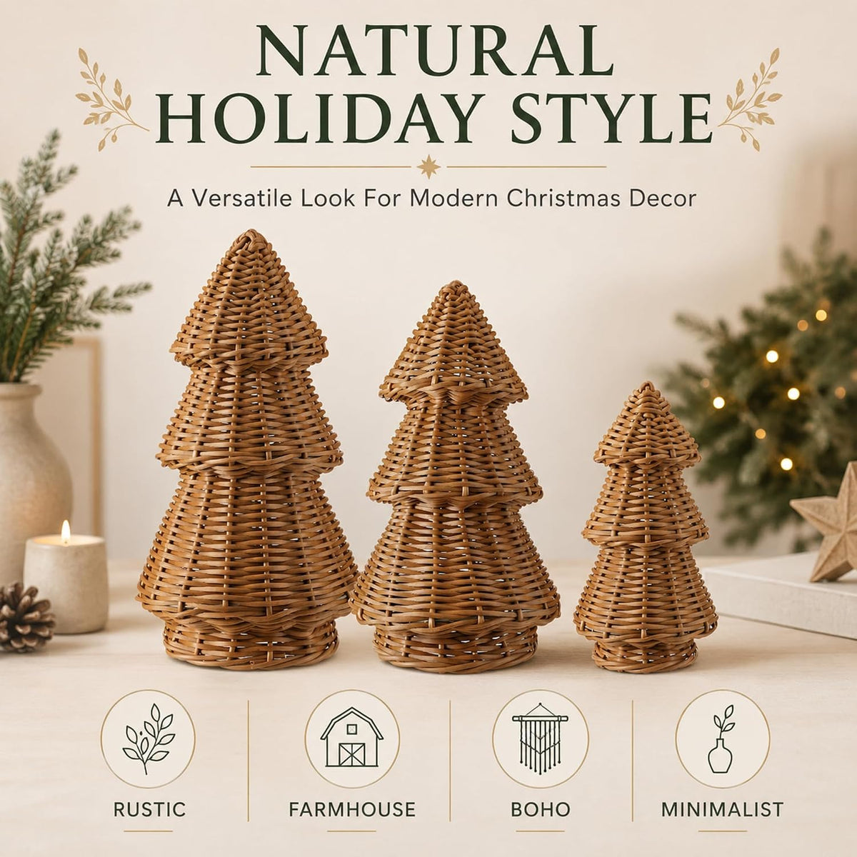 MiniInflat 3 Pcs Woven Rattan Christmas Tree Decor, Classic Weave, Burlywood