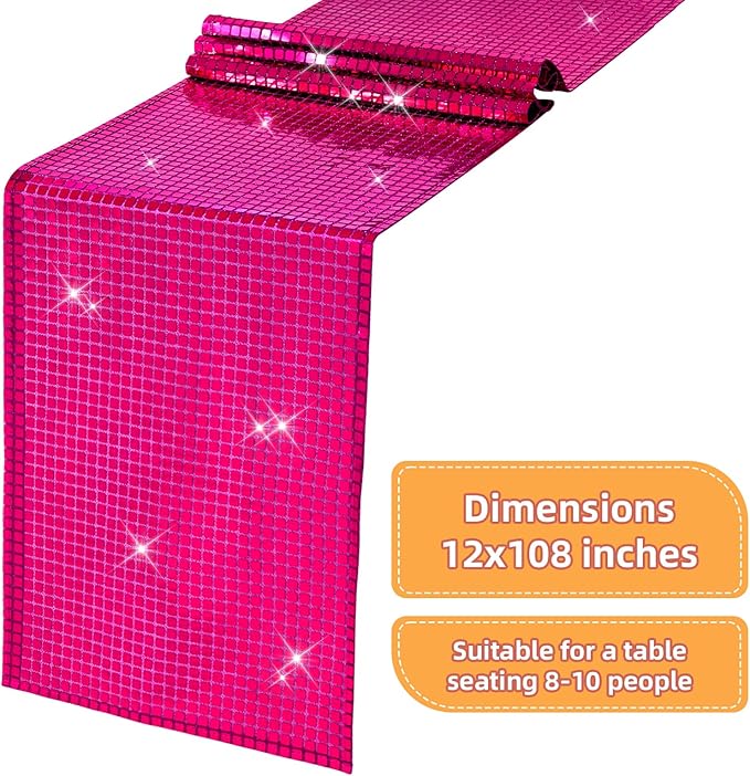 SquarePie Disco Table Runner 6 Pack - Hot Pink Mirror Sequin Glitter Foil Runner for Disco Party Decor Retro 70s 80s Theme, Bachelorette Birthday Dance Decoration 12x108 Inch (2 Pack)