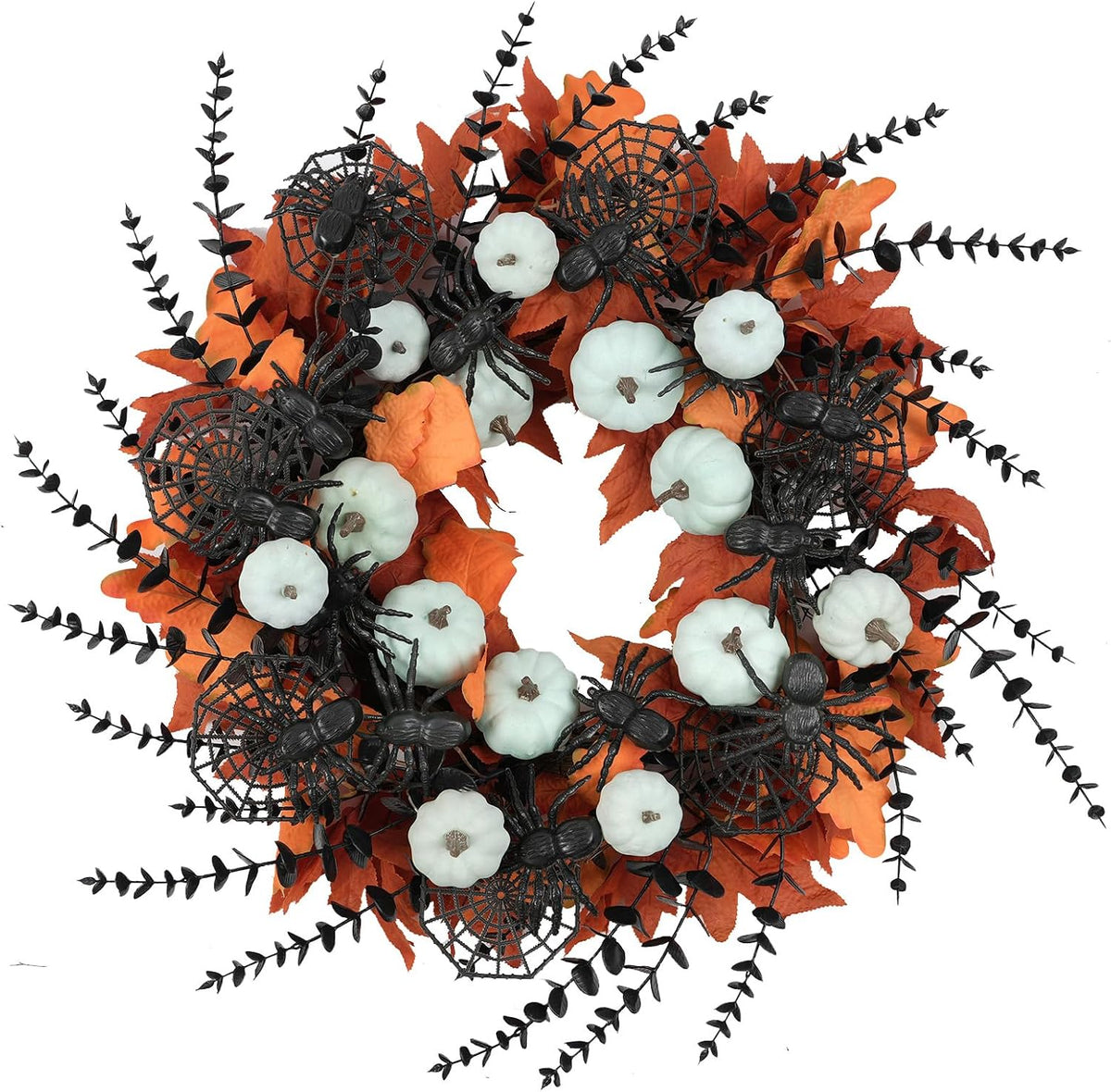 Idyllic 24" Halloween Wreath Pumpkins Maple Black Spiders for Front Door