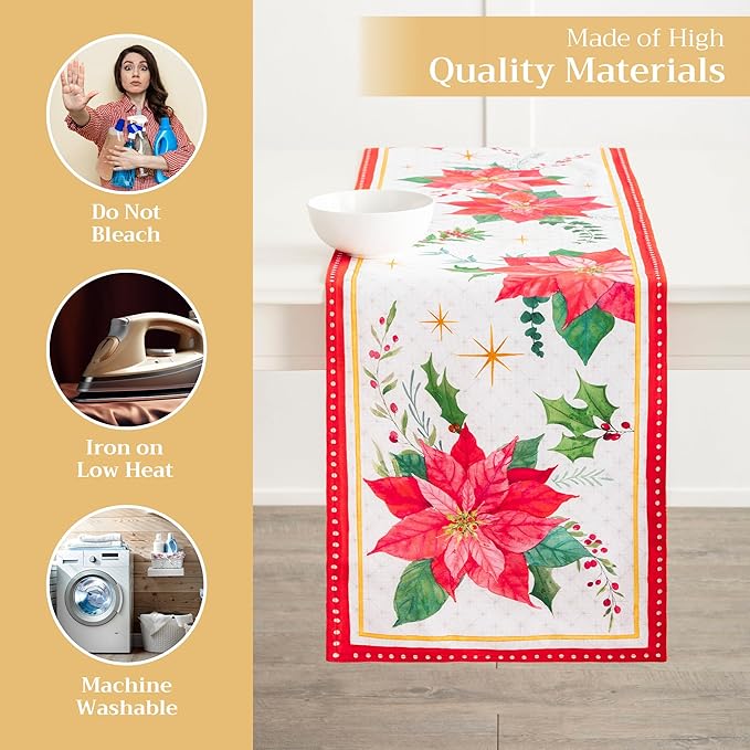 Maison d' Hermine Table Runner 100% Cotton Double Layer Table Runners 108 inches Long for Thanksgiving Christmas Decorations Home Kitchen Dining Party Wedding (Poinsettia Christmas, 14.5" x 108")