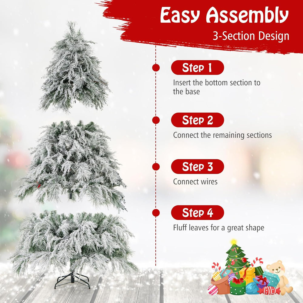 Goplus 7ft Pre-Lit Snow Flocked Christmas Tree, Artificial Hinged Full Xmas T...