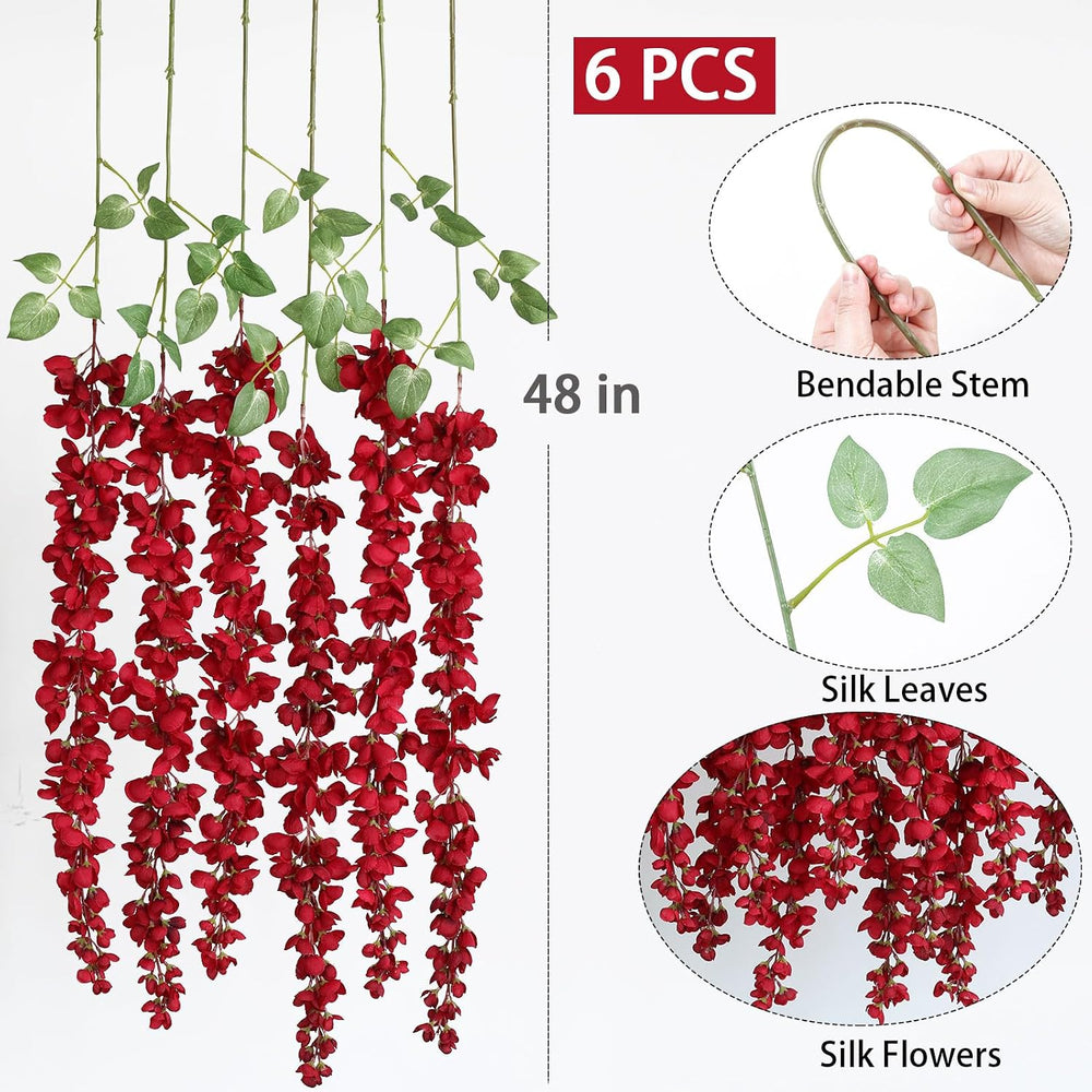 mizii 6Pcs Red Wisteria Hanging Flowers 48" Silk Wisteria Artificial Flo...
