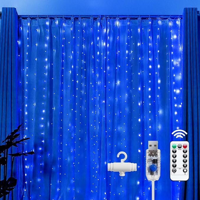 Brightown 300 LED Fairy Curtain Lights, 9.8ft x 9.8ft Curtain String Lights, USB Plug in 8 Lighting Modes LED Christmas String Hanging Lights with Remote for Bedroom Indoor Outdoor Weddings Party Xmas