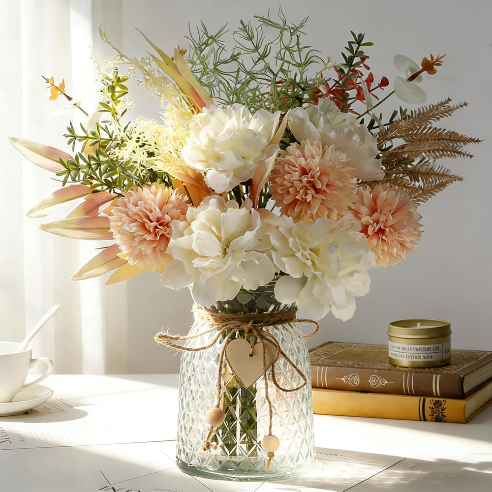 Faux Peony Flowers Arrangement with Vase, 14.5''(Peony White Pink)