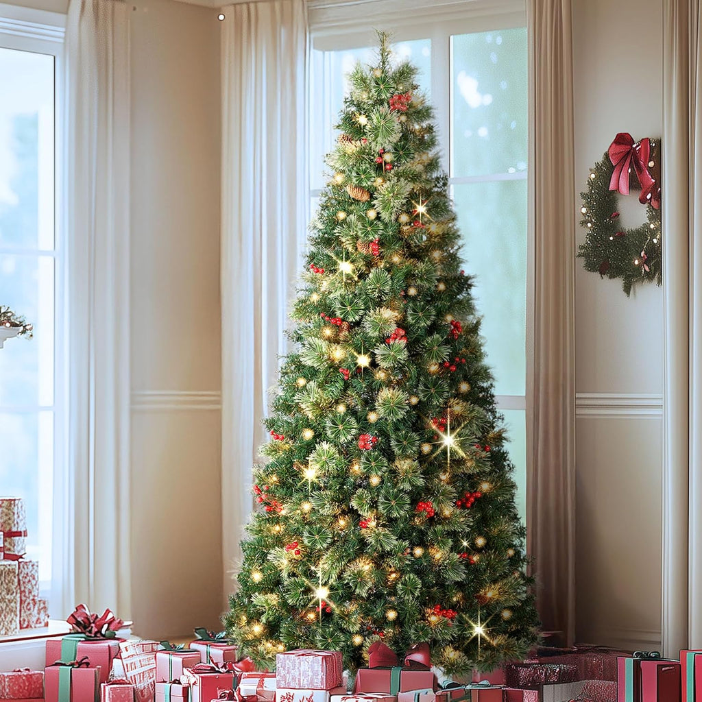 OasisCraft Christmas Tree, 6 FT Prelit Pop Up Christmas Tree with Lights, Artificial Christmas Tree Decorated with Berries and Pine Cones, Tall Foldable Tree with Metal Base, Green for Outdoor Indoor