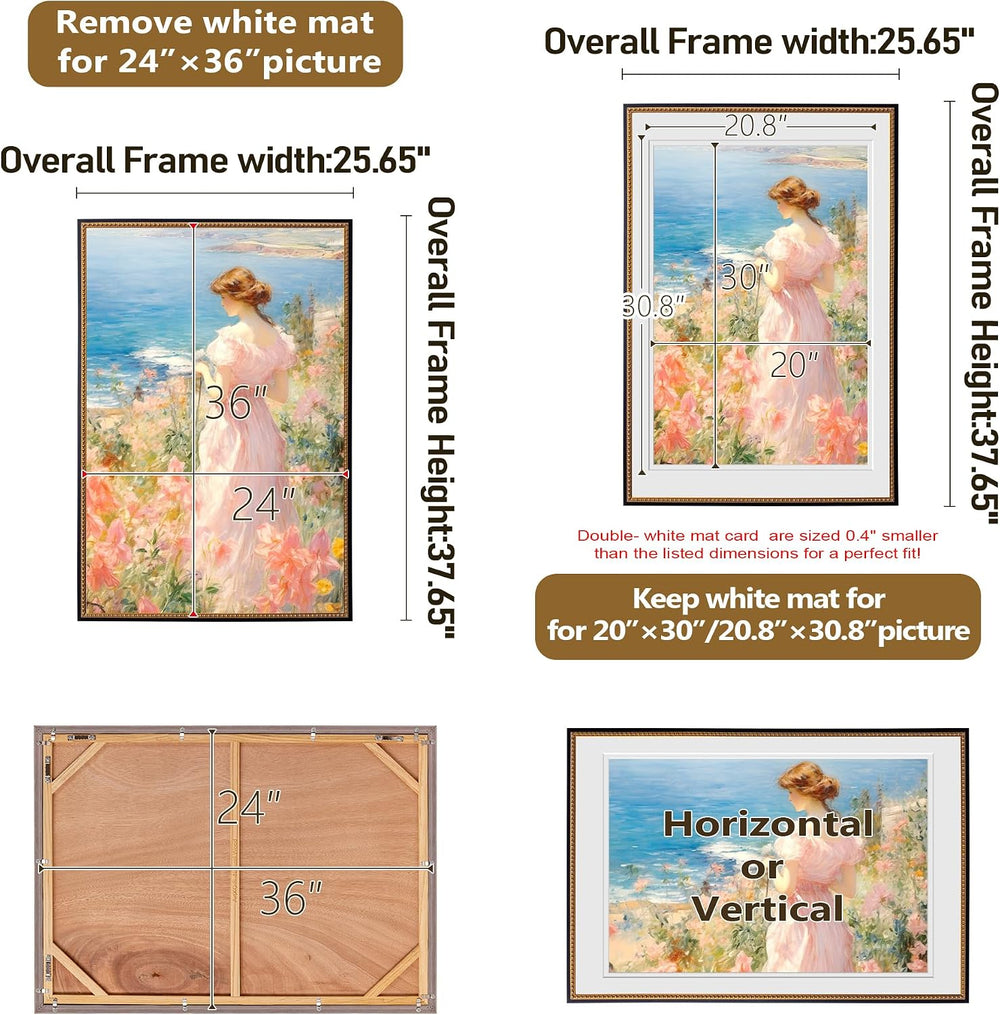 ArtXO 24x36 Picture Frame Black Gold Wood, 2 Mats Wall Mount