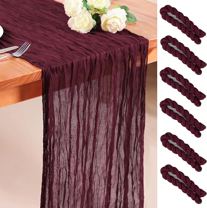 Snowkingdom 6PCS 10 Ft Burgundy Red Cheesecloth Table Runner, 120inch Long Cheese Cloth Boho Gauze Runner for Wedding Bridal Baby Shower Birthday Valentines Sheer Table Decorations