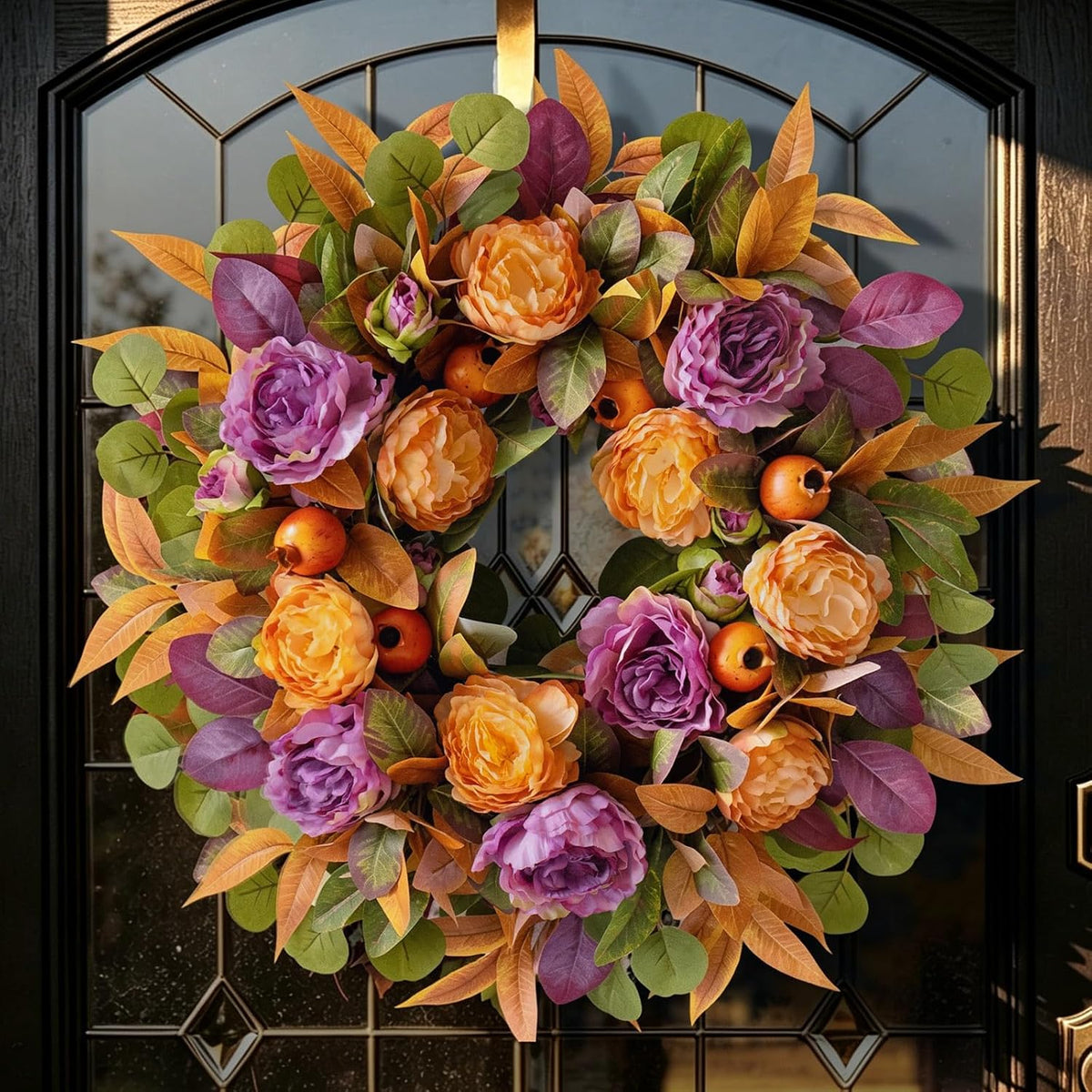 24 Inch Harvest Fall Wreath for Front Door Outside with Orange Purple Peony