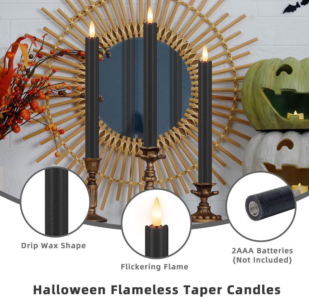 Black Flameless Taper Candles with Remote and Timer, Real Wax, 6 Pack