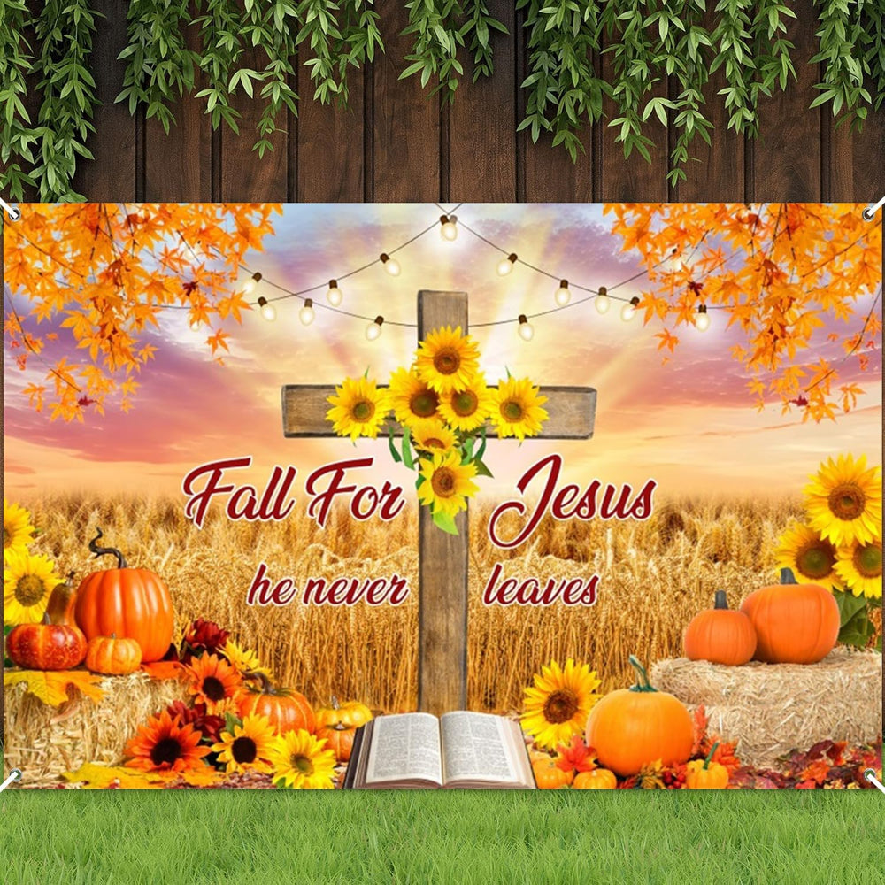 Fall for Jesus Backdrop 10x8ft He Never Leaves Banner Photography Background ...