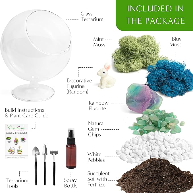 DIY Glass Plant Terrarium Kit for Adults, Metal Stand, Reindeer Moss, Crystals, Rocks, Tools & Figurine – Complete Starter Set