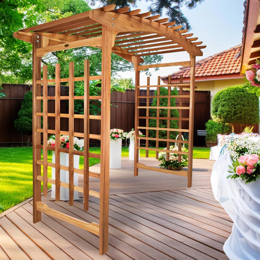 all things cedar 8-ft pagoda arbor garden arch shown in use