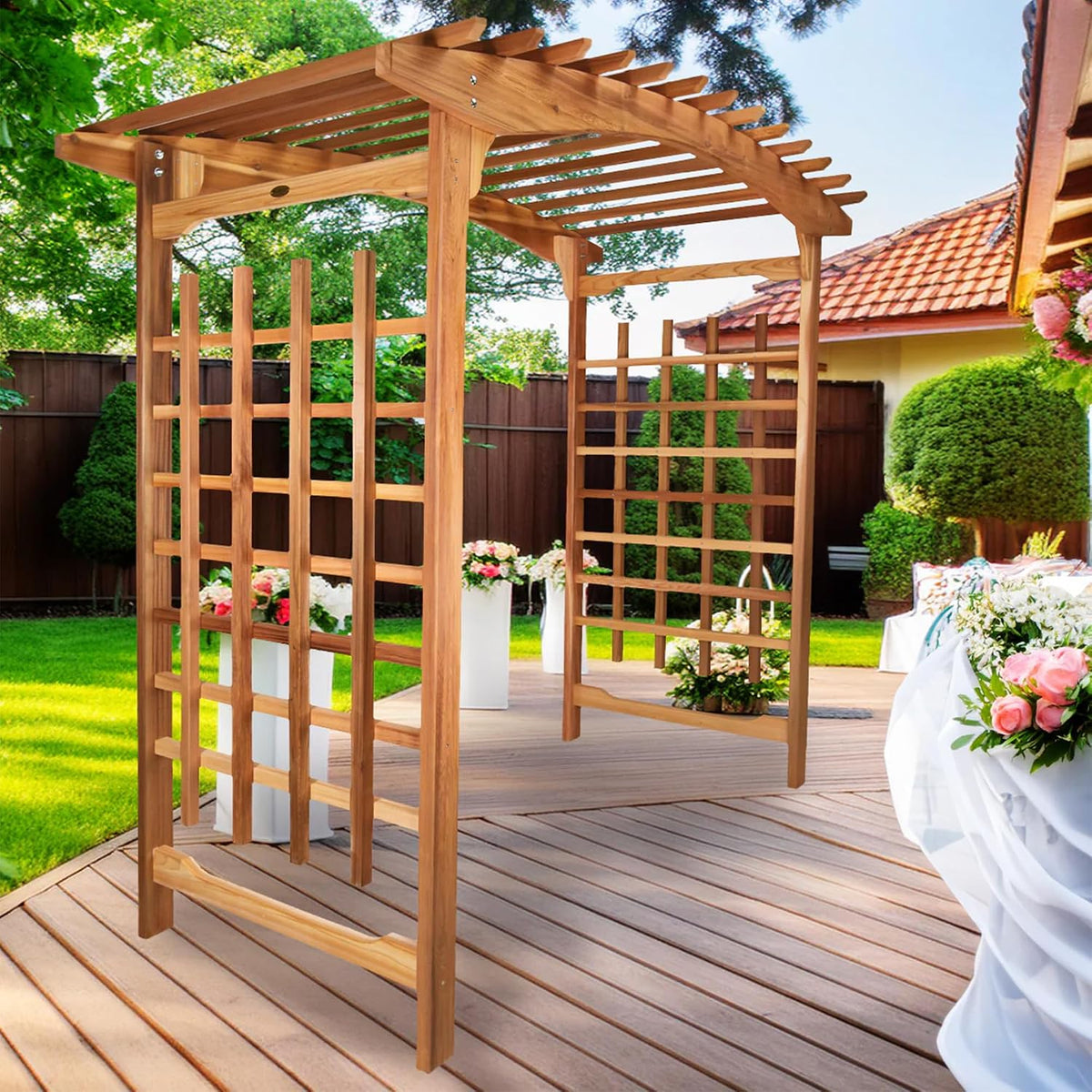 all things cedar 8-ft pagoda arbor garden arch shown in use