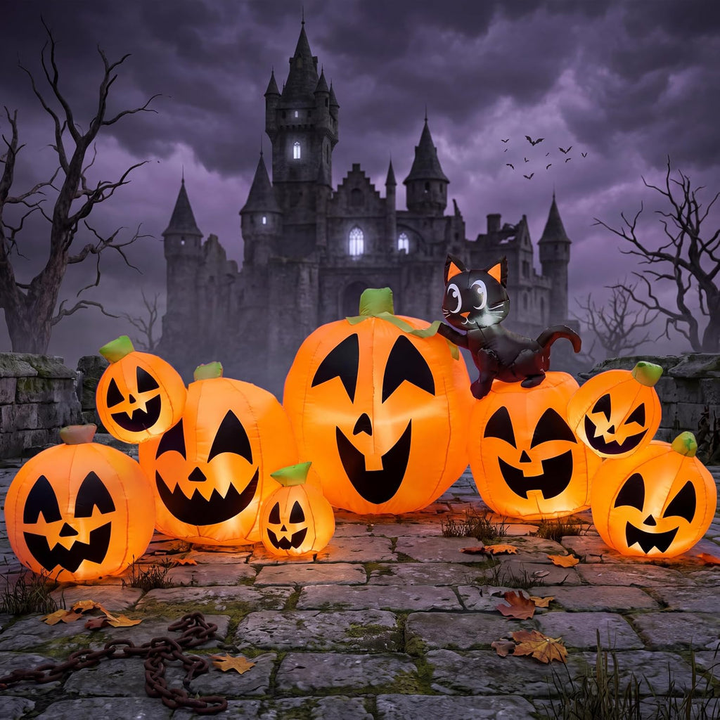Joiedomi 10 FT Long Halloween Inflatables Outdoor Decorations, Blow Ups Inflatable Pumpkin for Yard with Witch's Cat, 8 Pcs Blow Up Pumpkin Decor for Halloween Decorations Outside