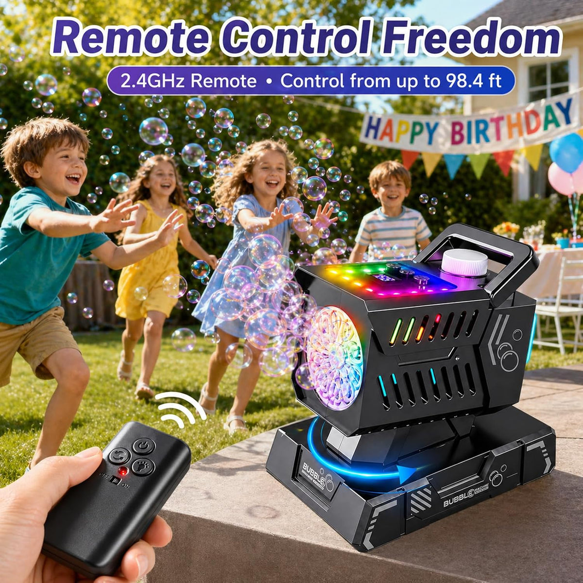 bubble machine remote control,auto rotation & 11 rgb, side view