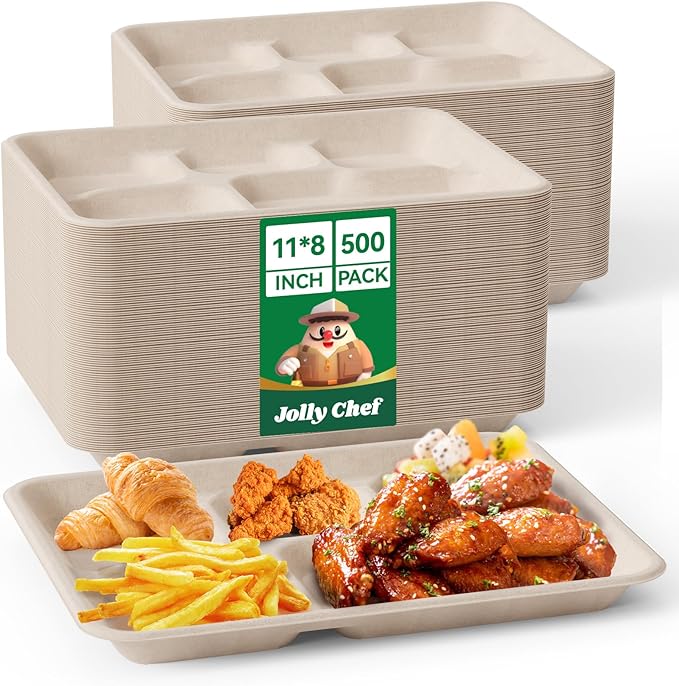 JOLLY CHEF Compostable 𝟱 Compartment Paper Plates 𝟭𝟭 * 𝟴 𝗶𝗻𝗰𝗵 [𝟱𝟬𝟬 𝗣𝗮𝗰𝗸] Heavy Duty Natural Divided Disposable Eco-Friendly Biodegradable Containers Food Trays for Dinner Lunch Buffet (500 Pack)