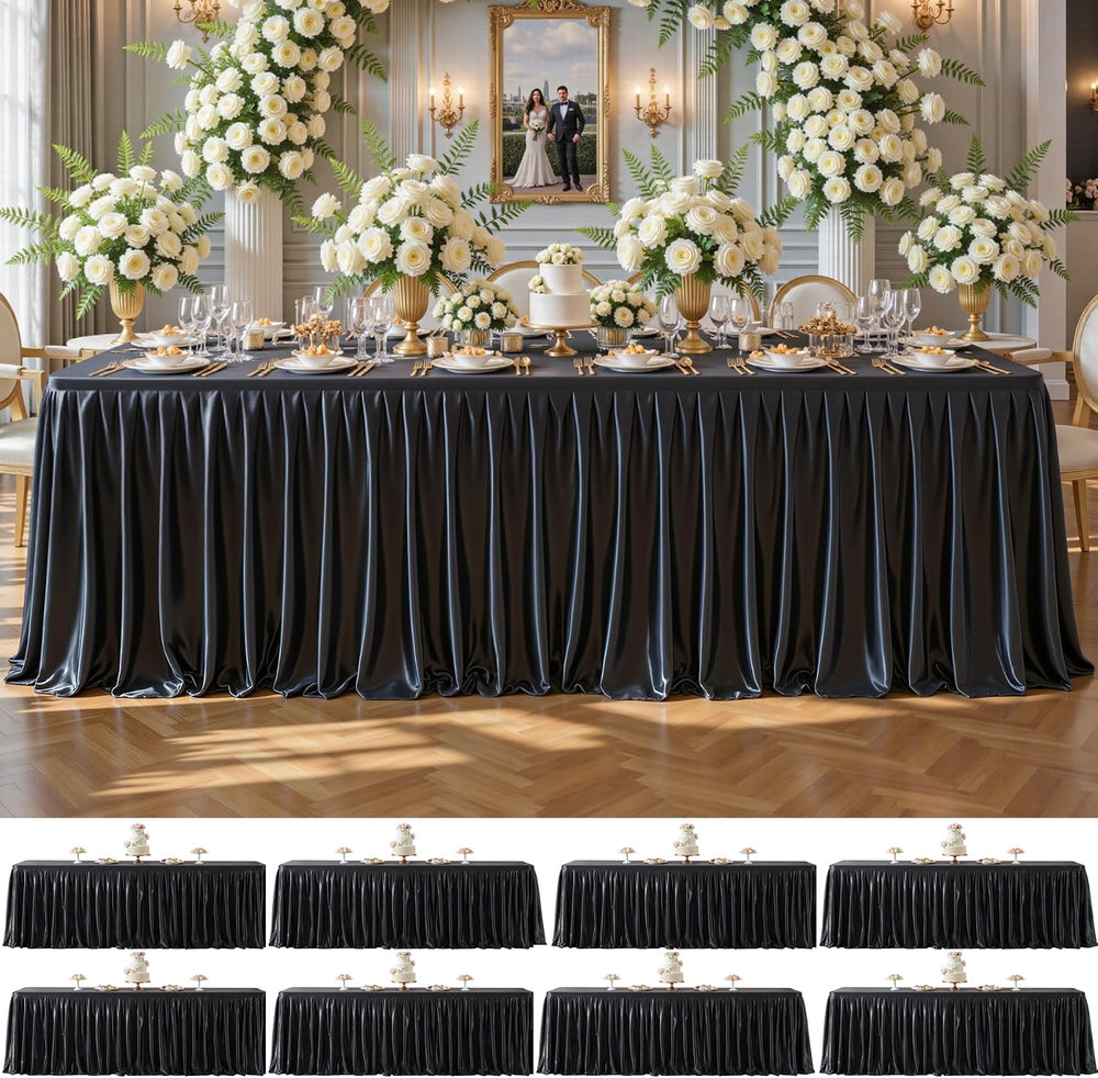 8 Pack 8ft Black Satin Tablecloths for Rectangle Tables Spandex Table Cover