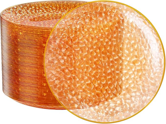 Rubtlamp 100Pcs Thanksgiving Plastic Dinner Plates, 10 Inch Disposable Orange Dinner Plates, Heavy Duty Plates with Gold Rim, Hammered Disposable Plastic Party Plates For Event Party
