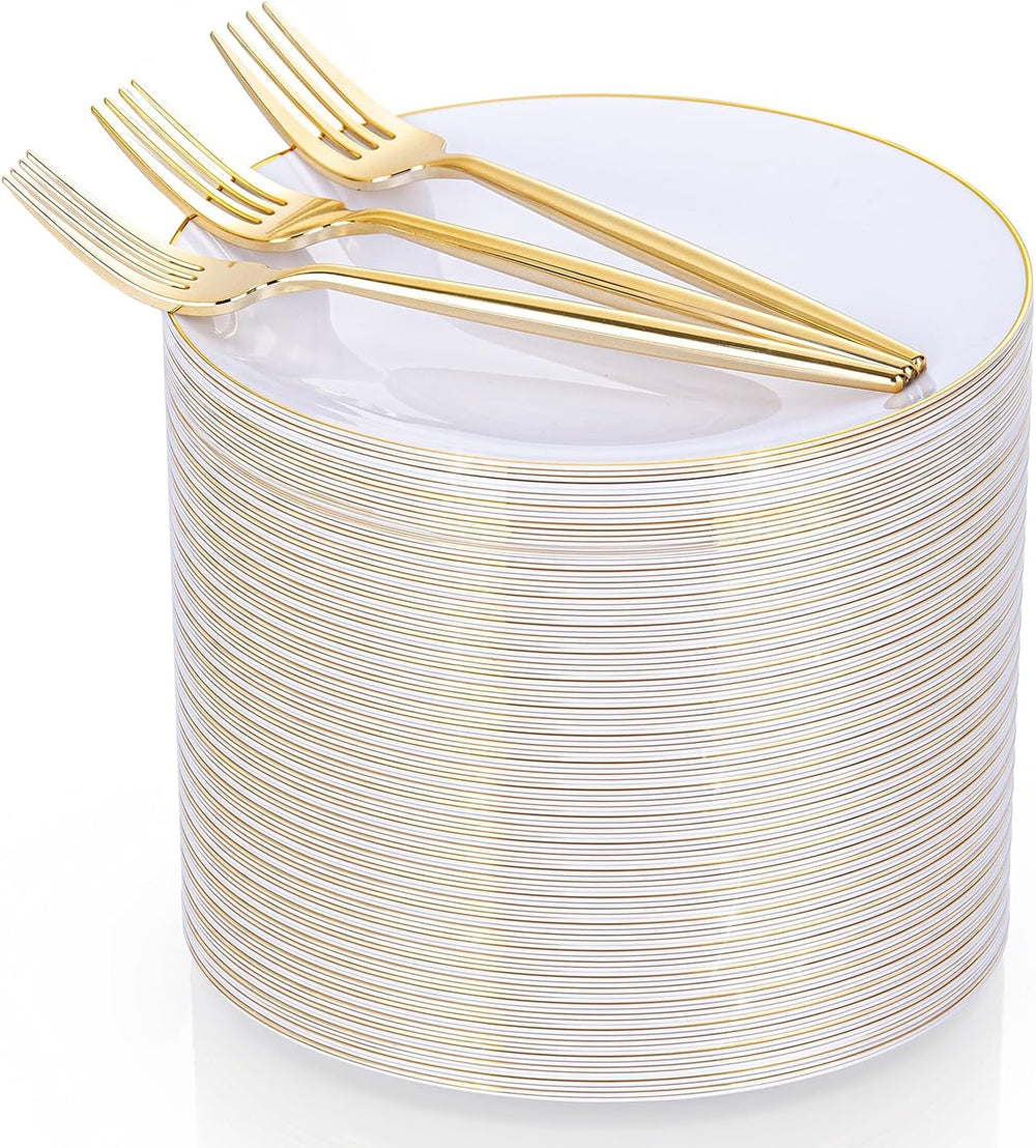 Rubtlamp 200Pcs Gold Plastic Dessert Plates,White Appetizer Platos with Gold ...