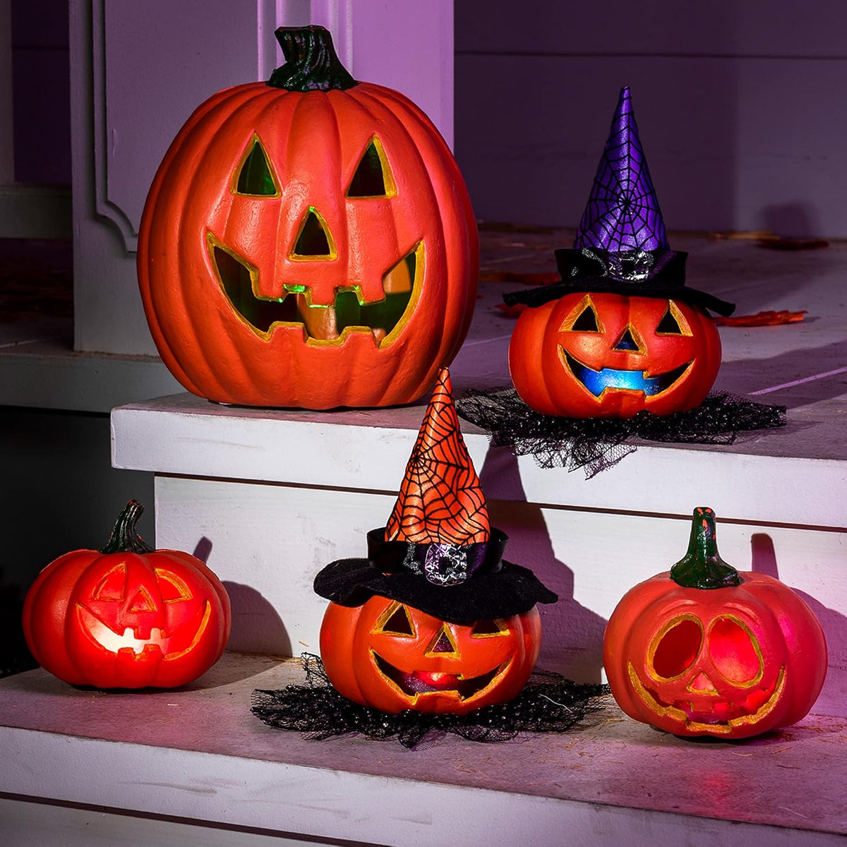 JOYIN 5 Pcs Light Up Halloween Pumpkin Decor Jack O Lantern Decorations Outdoor Indoor, Halloween Props Plastic Pumpkins Large Trick Or Treat Table Top Home Room Party Yards Supplies Favors