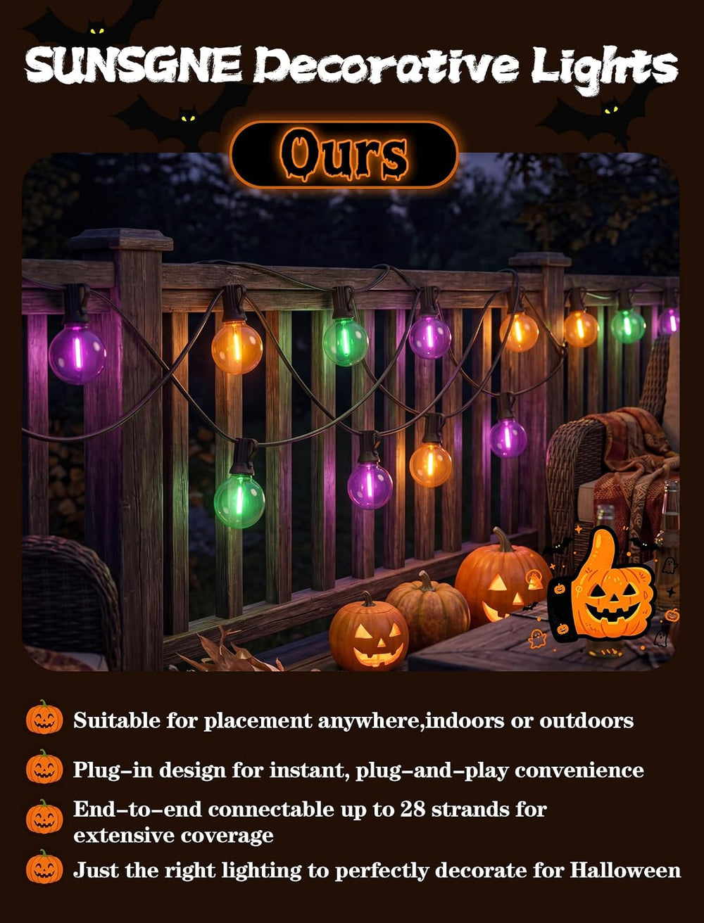 50FT Halloween String Lights with 25 G40 LED Orange Green Purple Bulbs
