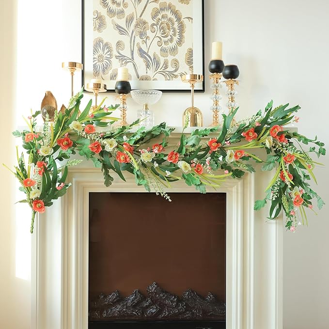 Mizii Red Artificial Flower Garland 6FT Fake Poppy Floral Garland Hanging Vines Spring Summer Flowers Decorations for Mantle Table Centerpieces Room Wall Fireplace Wedding Decor (Red)