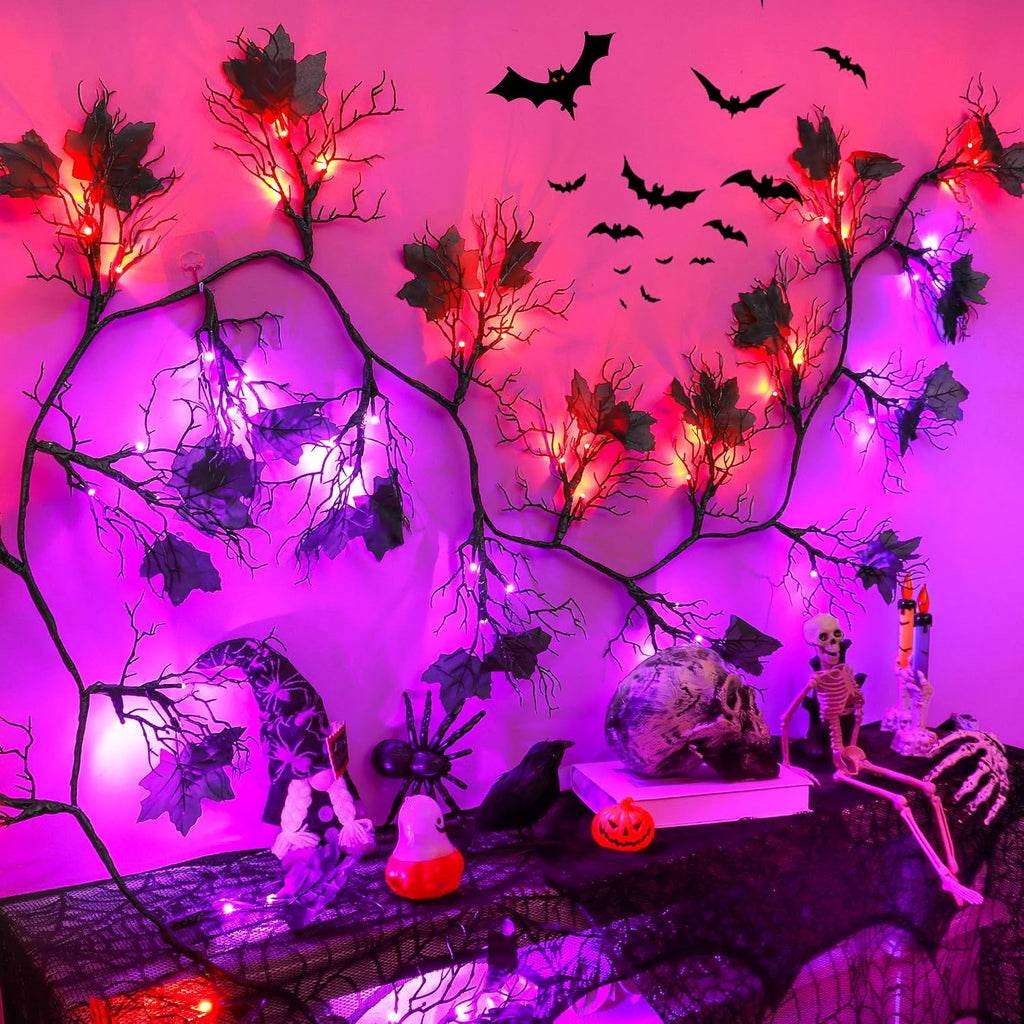 9 Ft 66 LED Willow Vine Twig Decor Black Halloween Garland with Orange Purple Lights, Timer 8 Modes Waterproof Battery Operated Indoor Halloween Decorations for Wall Fireplace Mantle Home Office Decor