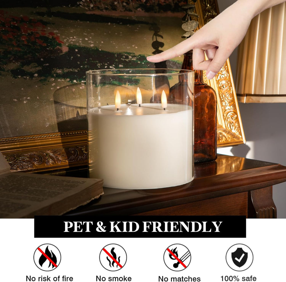Extra Large Flameless Candles with 3 Wicks, 6"x6" Glass Battery Ope...