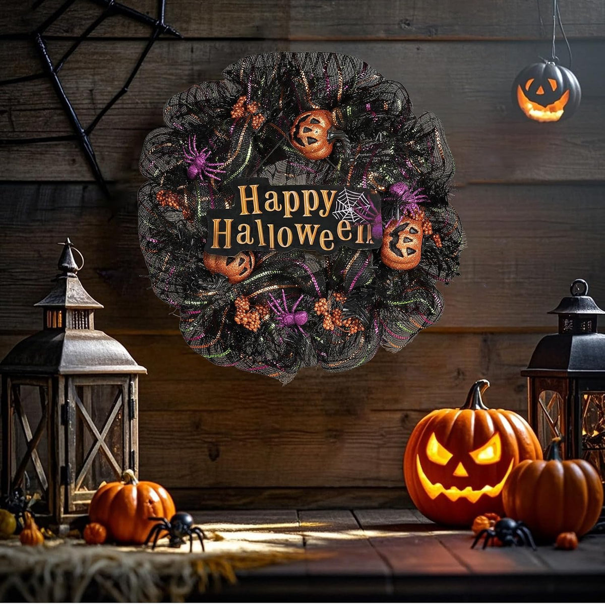 24 inch Wreath, Halloween Wreath for Front Door, Halloween Spider Decor Pumpkin Skull Wreaths, Wall, Window, Garden and Offices Decor. (Black)