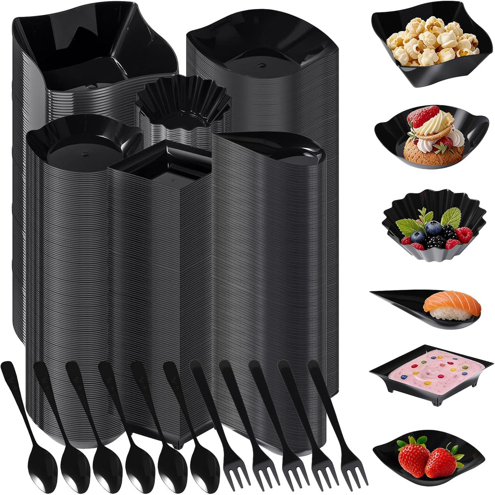 1200 Pcs Black Mini Disposable Appetizer Plates Set Include 6 Shaped Mini Des...