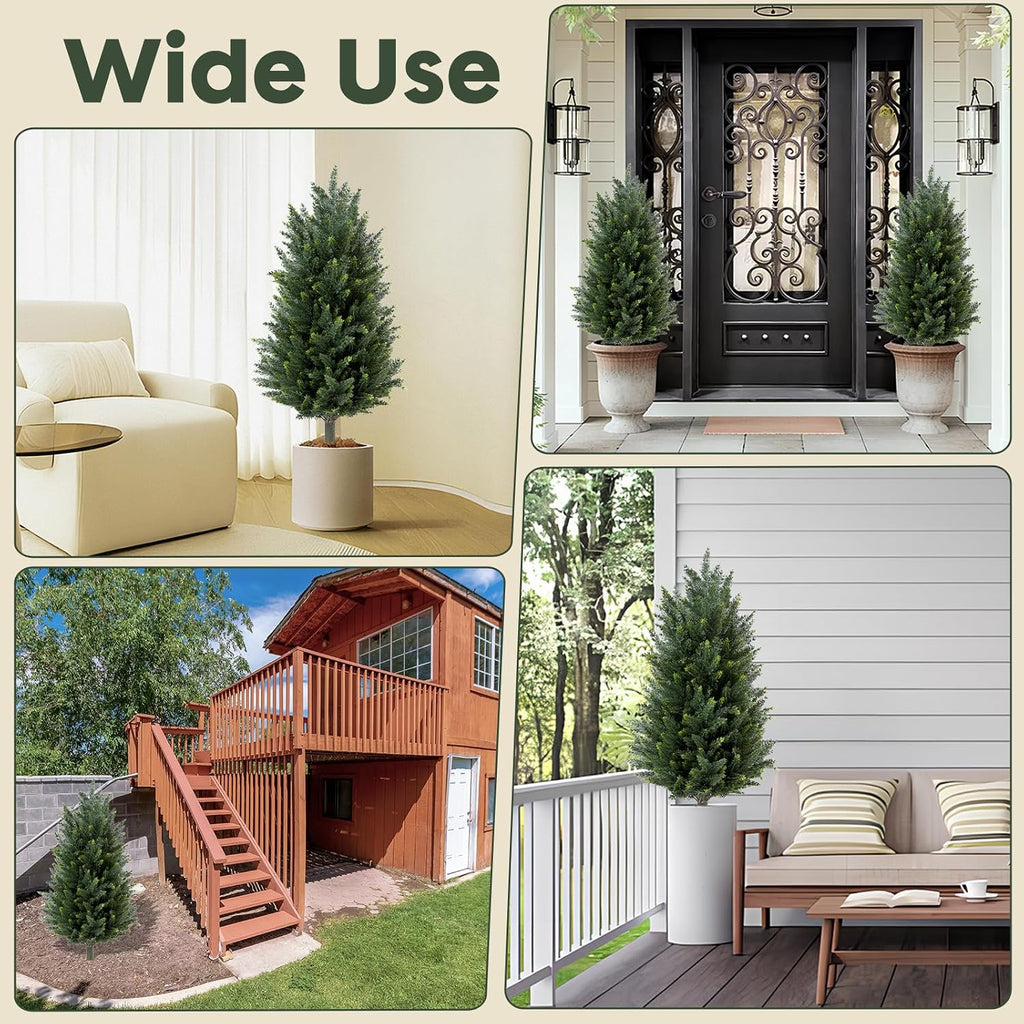 Set of 2 Artificial Cedar Topiary Christmas Trees, 3FT UV-Resistant Faux Cypress Shrubs with Ground Spikes — Tall Evergreen Decorative Plants for Outdoor and Indoor Porch, Patio, and Garden