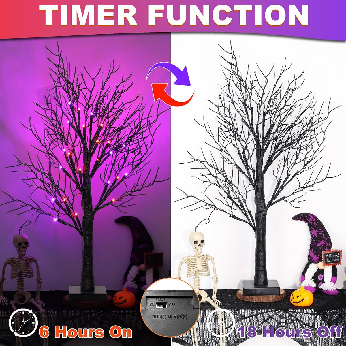 [Timer] 2 Pack Halloween Decorations Indoor, 24 Inch Lighted Black Halloween Tree with 24 Orange & Purple Lights, USB or Battery Powered Spooky Tabletop Tree for Home, Party, Fireplace & Holiday Decor