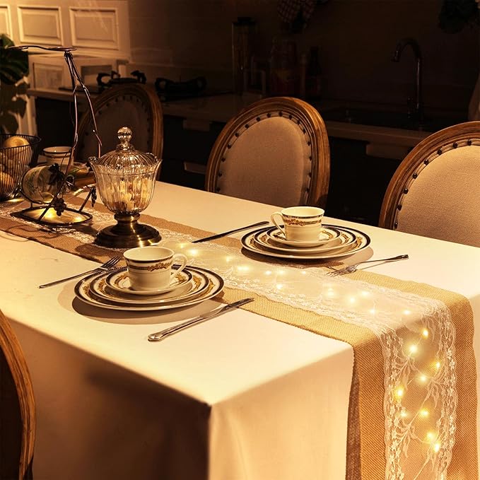 Xinnun 6 Pcs Burlap Table Runner with Lights 12 x 108 Inches Burlap Lace Table Runner Rustic Wedding Decorations Home Party (Vine)