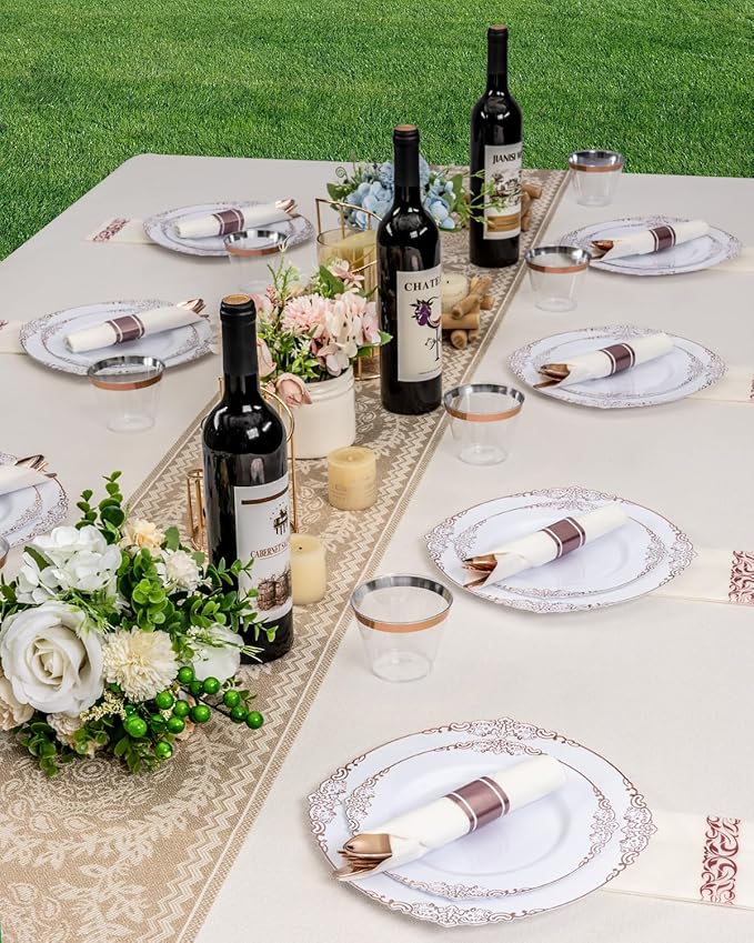 Goodluck 350 Piece Rose Gold Plastic Dinnerware Set for 50 Guests,Fancy Disposable Plates,Include: 100 Rose Gold Rim Plastic Plates,150 Silverwares,50 Pre Rolled Napkins,50 Cups for Party,Wedding