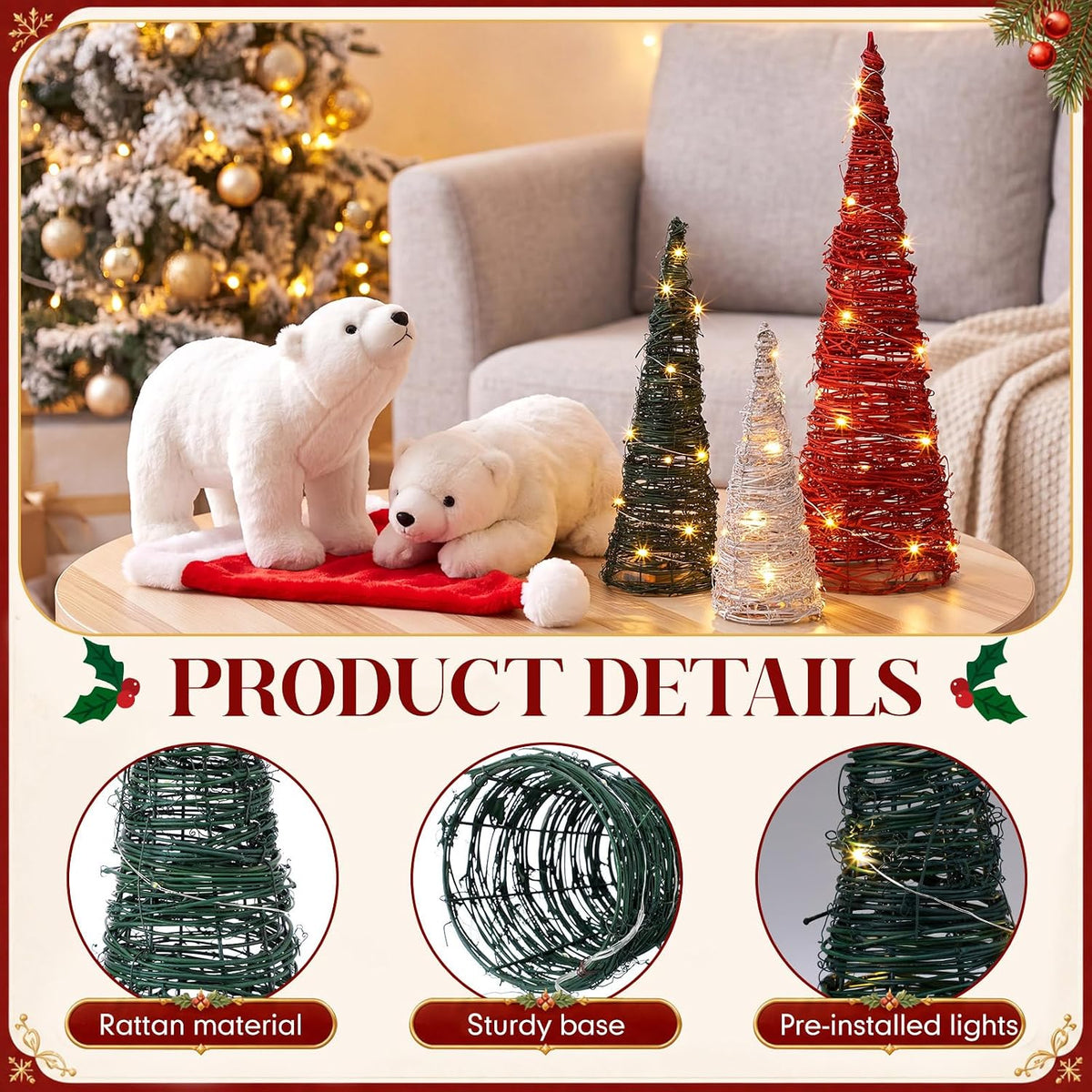 Jenaai 3 Pcs Lighted Christmas Rattan Table Tree Centerpiece, 24/16/12 in
