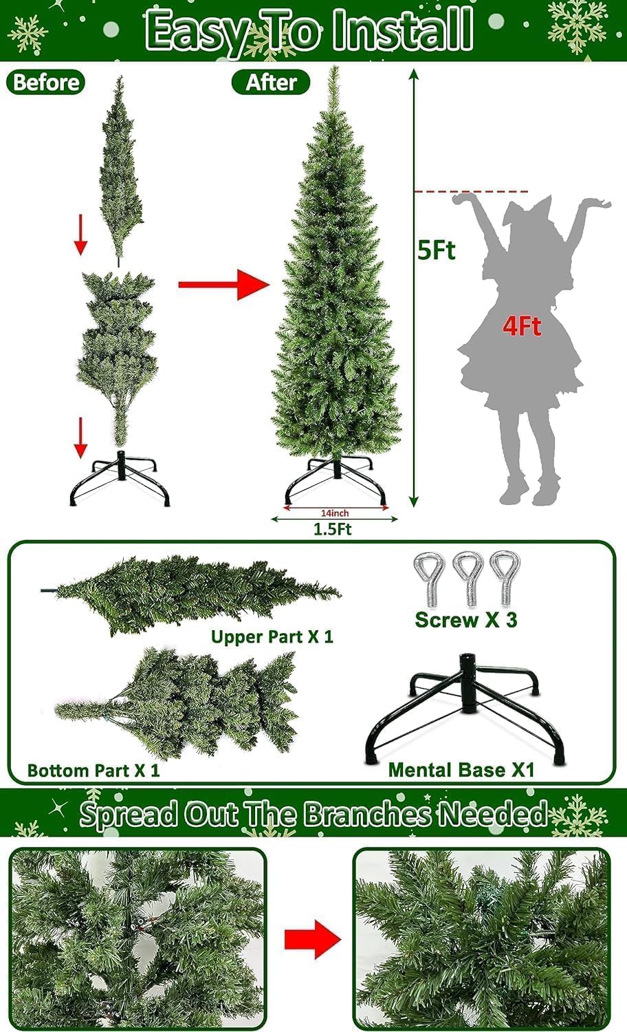 5 Ft Pencil Christmas Tree with 550 Realistic Spruce Branch Tips