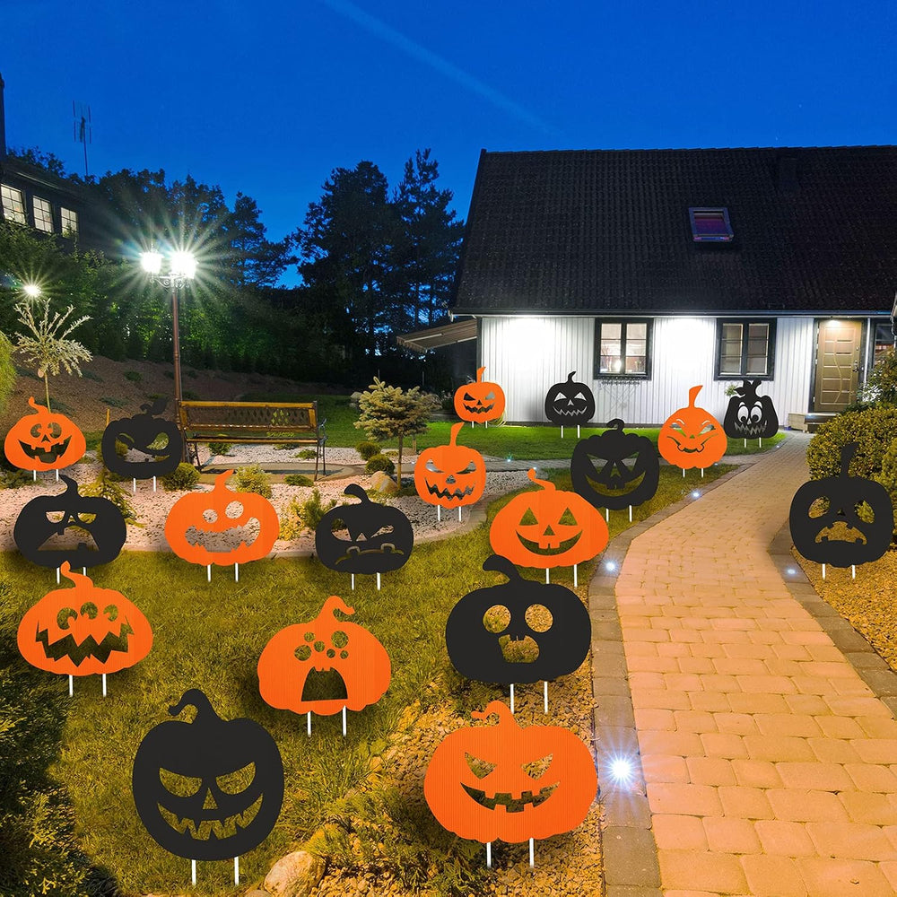 Jetec 18 Pcs Thanksgiving Pumpkin Yard Signs with Stakes, Orange,Black