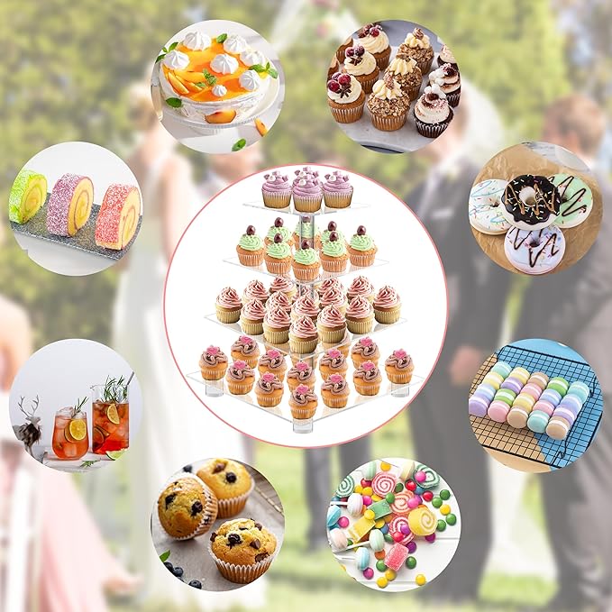 YestBuy 4 Tier Acrylic Cupcake Stand with Base, Premium Cupcake Holder, Acrylic Cupcake Tower Display Cady Bar Party Décor – Display for Pastry(4.7" Between 2 Layers)…