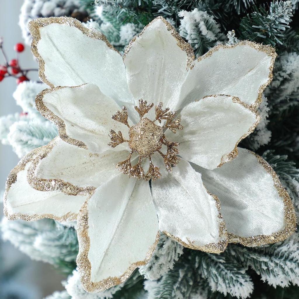 Thiccywoov 8 Pack Large 12'' Christmas Velvet Magnolia Flowers, White