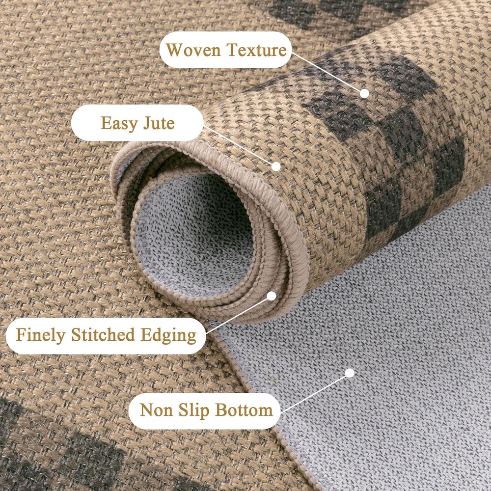 Hallway Runner Rug, 2'x6' Non Slip Faux Jute Runners Checked