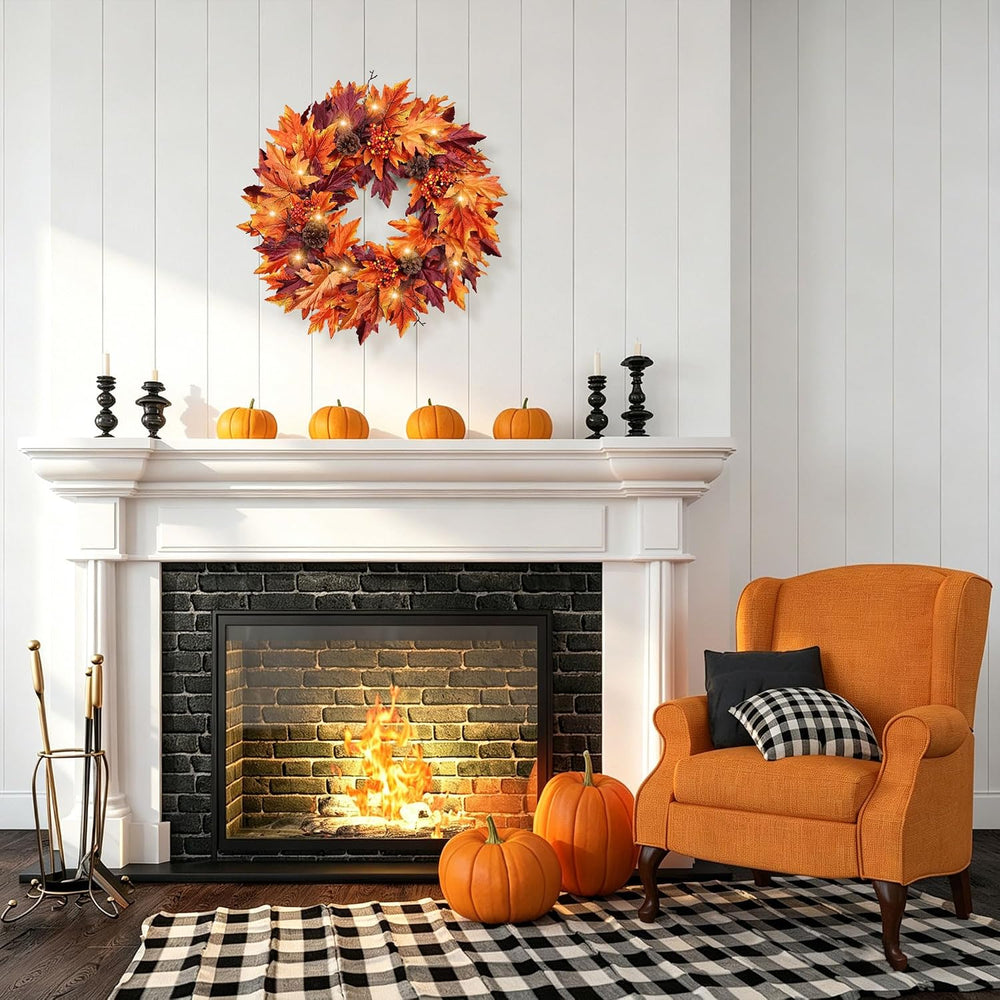 Ghrdopy 24in Fall Wreath for Front Door with 20 Lights & Timer