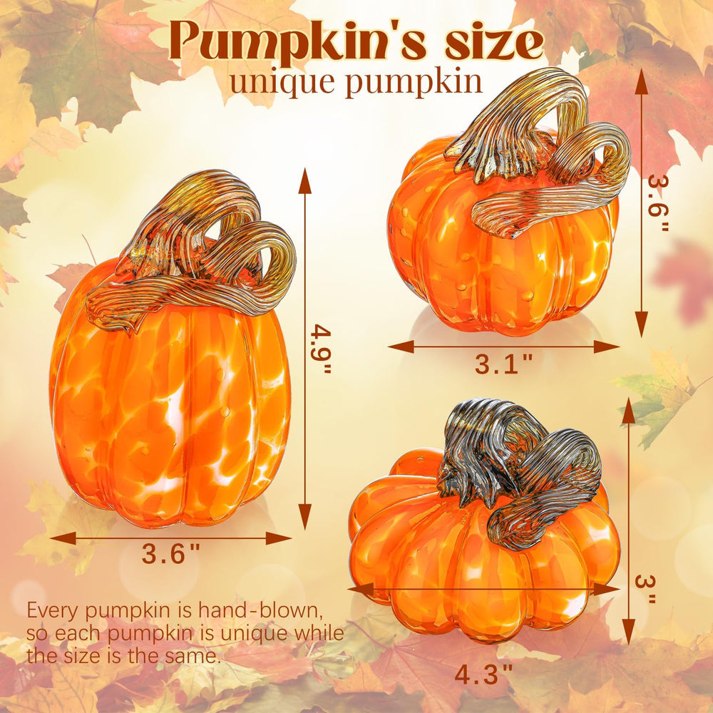 3 Pcs Blown Glass Pumpkin Figurines Orange Fall Halloween Table Decor