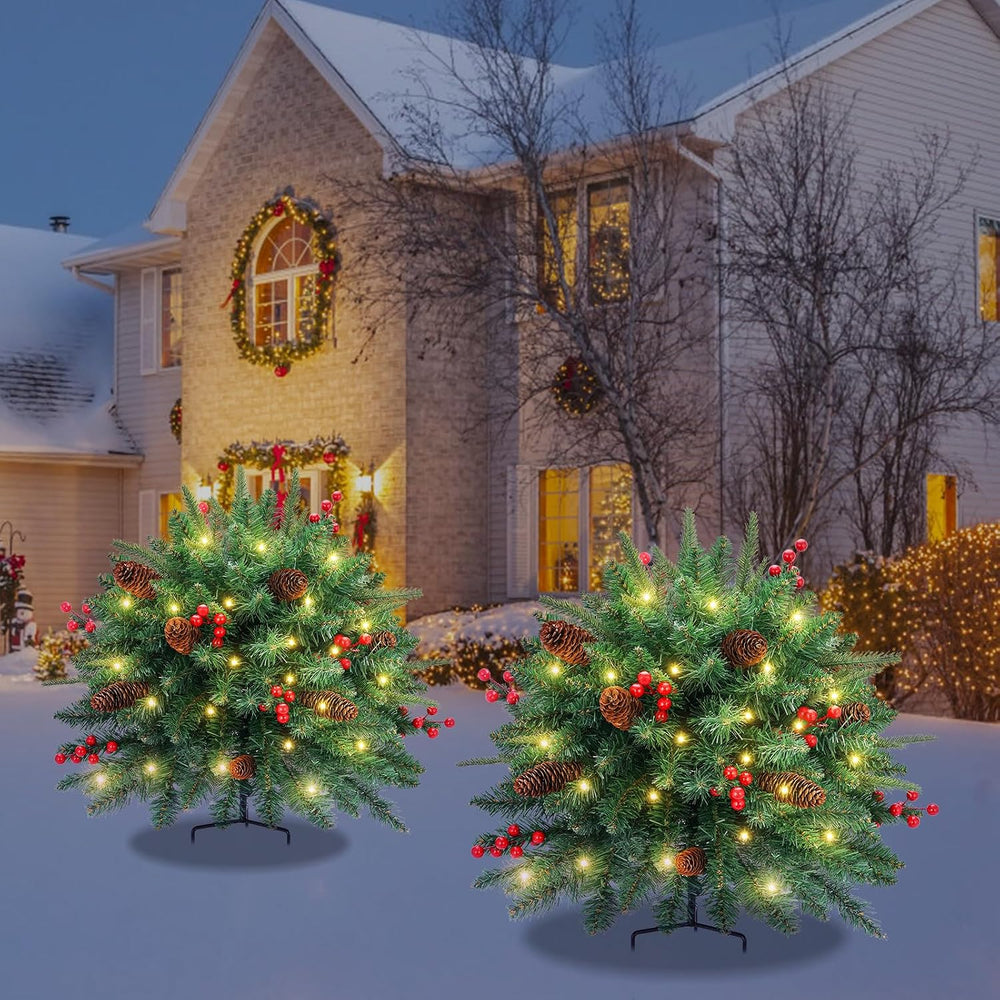 2 Pack Artificial Christmas Urn Filler, 18in Pre-lit Outdoor Christmas Tree