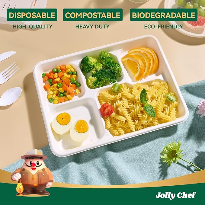 JOLLY CHEF Compostable 𝟱 Compartment Paper Plates 𝟭𝟭 * 𝟴 𝗶𝗻𝗰𝗵 [𝟭𝟬𝟬 𝗣𝗮𝗰𝗸] Heavy Duty White Divided Disposable Plate Eco-Friendly Biodegradable Containers Food Tray for Party Lunch Buffet (100 Pack)