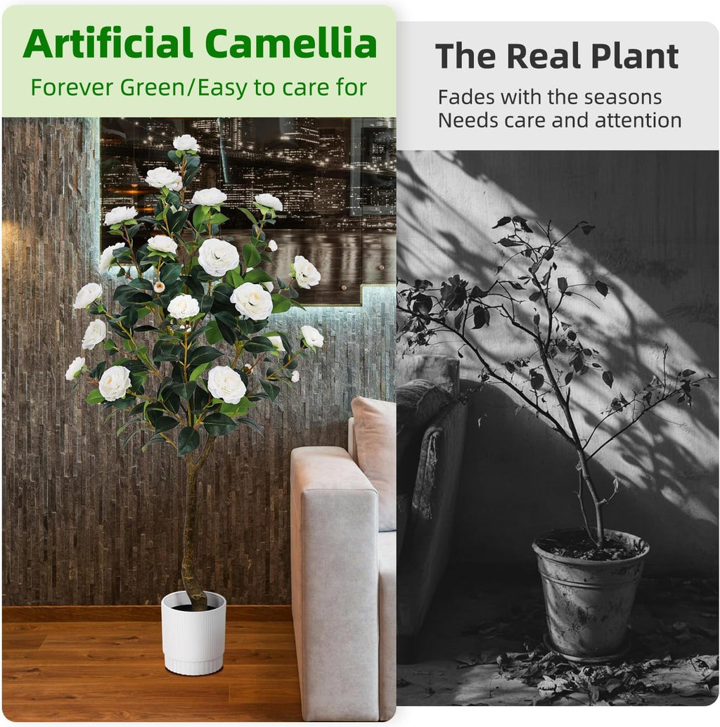 artificial camellia tree 6ft– faux plants indoor, with, close-up detail