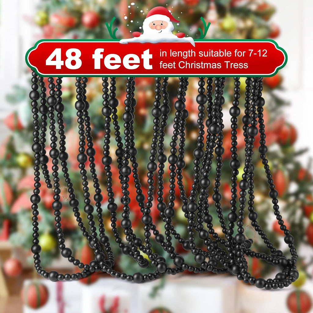 48Ft Christmas Wood Bead Garland Rustic Holiday Decor for Tree (Black)