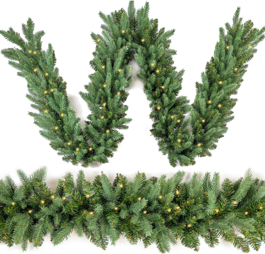 HomeKaren Christmas Garland 9 Ft by 12 Inch Prelit Fraser Fir Xmas Garland with 50 LED Lights 550 Tips, Real Like Lush and Classics Green Style for Indoor Outdoor Home Decoration