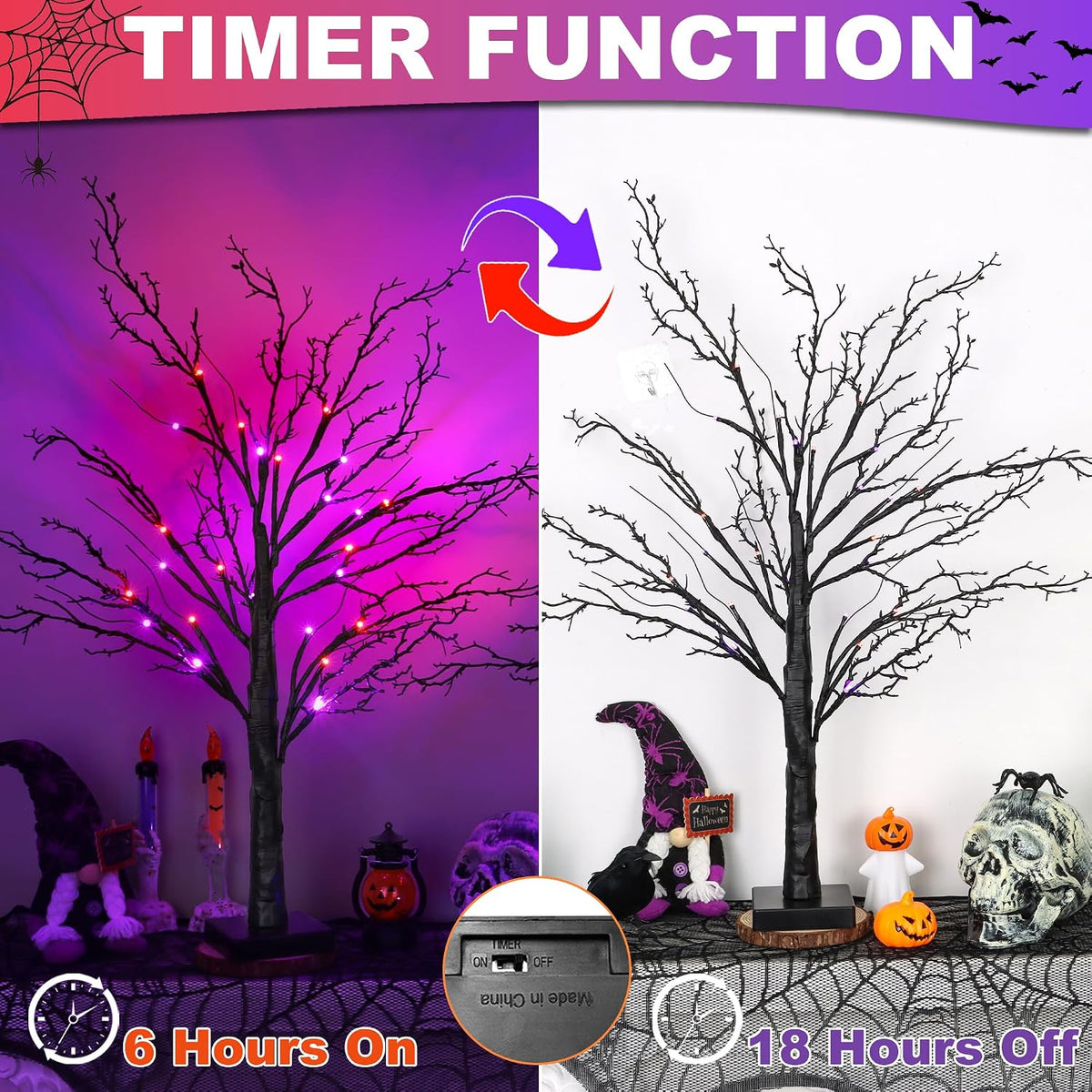 [Timer] 2 Pack Halloween Decorations Indoor, 24 Inch Lighted Black Halloween Tree with 24 Orange & Purple Lights, USB or Battery Powered Spooky Tabletop Tree for Home, Party, Fireplace & Holiday Decor
