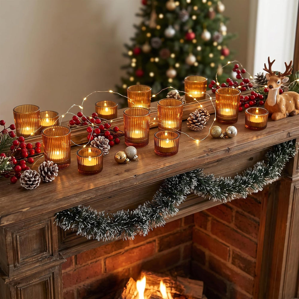 24 Pack Ribbed Amber Glass Votive Candle Holders